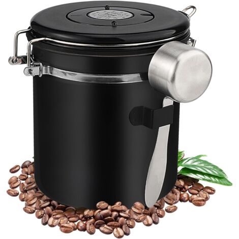 Bote Cafe Hermetico(1,5L), Recipiente Café Hermético, Frascos de café de acero inoxidable con cuchara, ideal para almacenar granos de café, especias, té y frutos secos (negro)