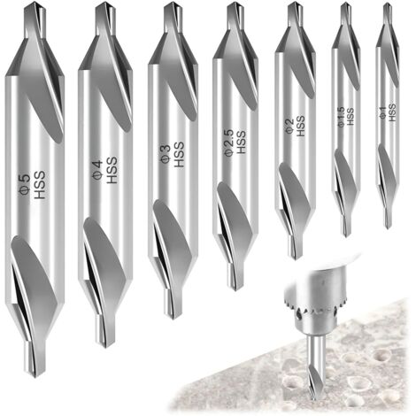 Broca de centrado, 7 piezas, brocas de centrado HSS de 60°, broca de centrado, broca de doble extremo, para procesamiento de hierro, acero, cobre y aluminio, Ø 1/1,5/2/2,5/3/4/5 mm (1/4)