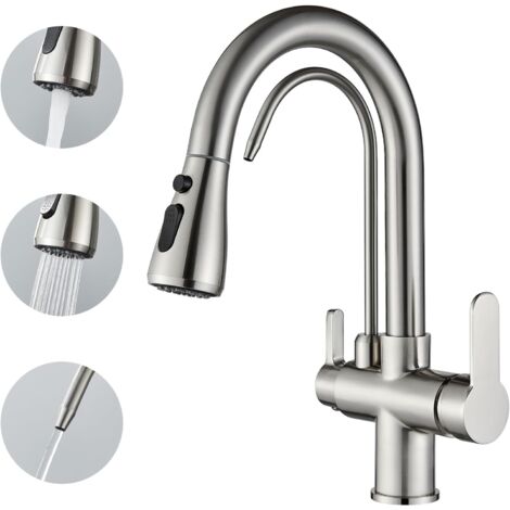 Grifo de Cocina 3 Vías Ósmosis, Grifo Osmosis con 2 Palancas, Grifo Osmosis Fregadero Giratorio a 360°, Ducha Extraíble, Acero Inoxidable Cepillado