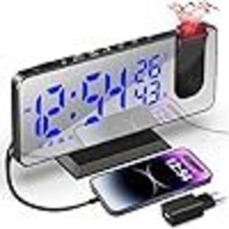 Reloj despertador con proyector de techo, radio despertador con proyección en el techo, con pantalla de espejo de 7,5 pulgadas, temperatura del puerto USB, reloj despertador doble, 4 brillos ajustable
