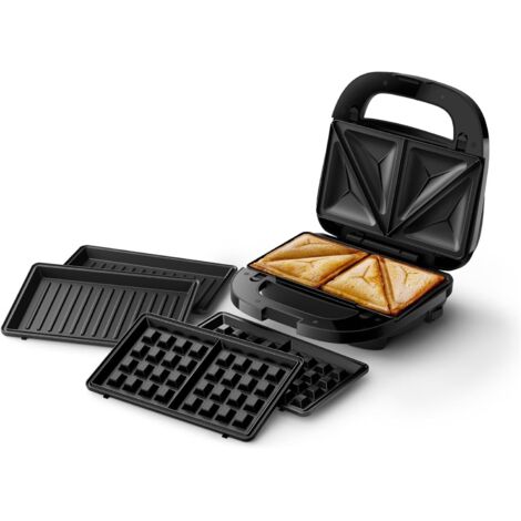 Sandwichera Serie 5000 - 3 juegos de placas para paninis, sándwiches y waffles, placas de parrilla antiadherentes, corte y sellado, potencia de 750 W, color negro (HD2350/80) (1/4)