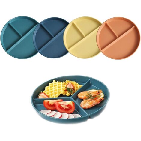 Plato de cena irrompible con divisiones, 4 piezas con 3 compartimentos, redondo, para adultos y niños, ideal para la cena y el postre.