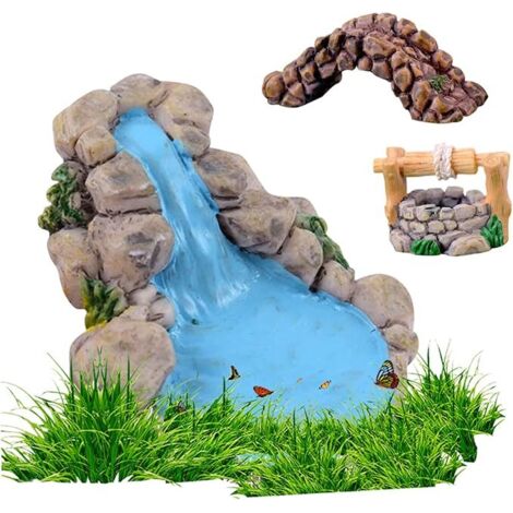 Paquete de 3 accesorios de jardín de hadas que incluyen puente de jardín de hadas en miniatura, mini fuente de agua, adornos de estanque en miniatura, linda decoración de paisaje de césped de jardín d