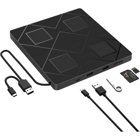 Grabadora DVD CD Externa Práctica, Lector DVD Externa Slim con Ranura para Tarjetas SD/TF,Unidad CD Externa USB 3.0 & Tipo C para Windows 7/8/10/XP/Vista/Linux Sobremesa,Portátil (1/5)