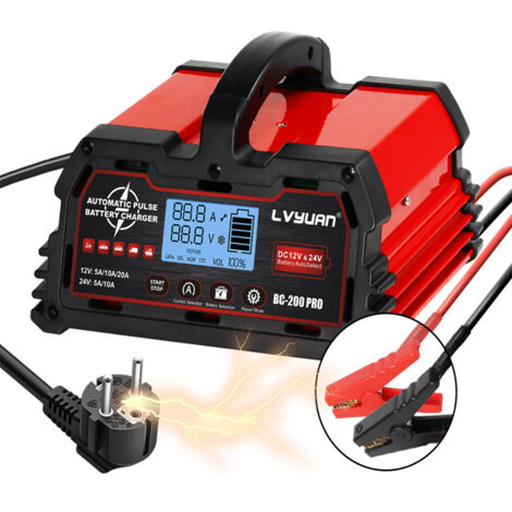 Cargador de batería inteligente para automóvil de 20 A, 12 V/24 V, 10 A, cargador de automóvil con pantalla LCD, mantenedor de batería para AGM, motocicleta, cortadora de césped (1/5)