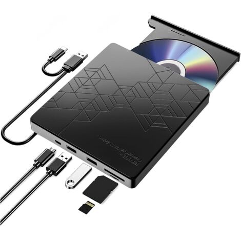 Grabadora CD/DVD Externa USB 3.0,Disquetera Externa USB CD/DVD-RW ROM, Reproductor de CD con Tarjetas SD TF Lector Player DVD Externo para Windows XP / 2003 / Vista /7 /8.1 /10,Linux,Mac OS system (1/5)