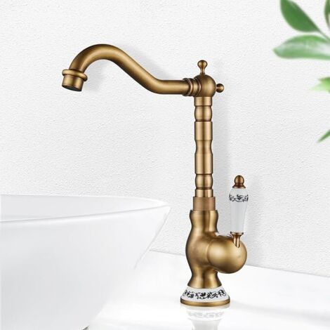 Grifo de baño alto de latón antiguo, grifo de lavabo retro giratorio 360°, grifo mezclador monomando, grifo de baño, lavabo dorado, baño con altura de caño 253 mm, frío y caliente