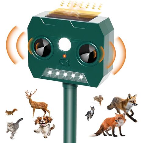 Ahuyentador de Gatos Exterior, 2025 Ultrasónico Repelente Palomas Solar con Luz LED, 12m 120° IP45 Impermeable Repelente de Animales para Zorros Martas Gatos Mapaches Perros