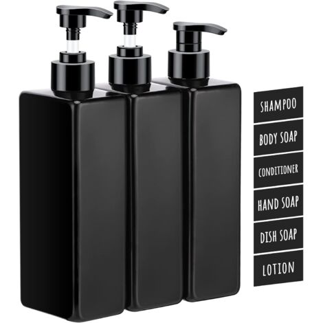 Botellas de champú, paquete de 3 botellas vacías de 500 ml con bomba, dispensador de jabón de plástico rellenable con etiquetas adhesivas impermeables para cocina y baño, color negro