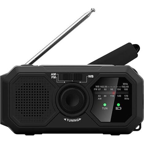 Radio de emergencia V5 con panel solar y manivela - Linterna LED - Radio meteorológica Voyager Mini NOAA con radio AM/FM y batería recargable (negra)