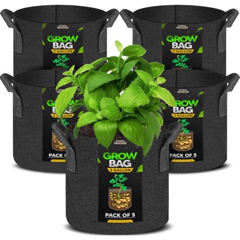 Paquete de 5 bolsas de cultivo de tela de 3 galones, macetas de tela gruesa resistente, macetas de tela de aireación con asas, bolsas de tela no tejida adecuadas para verduras, flores,