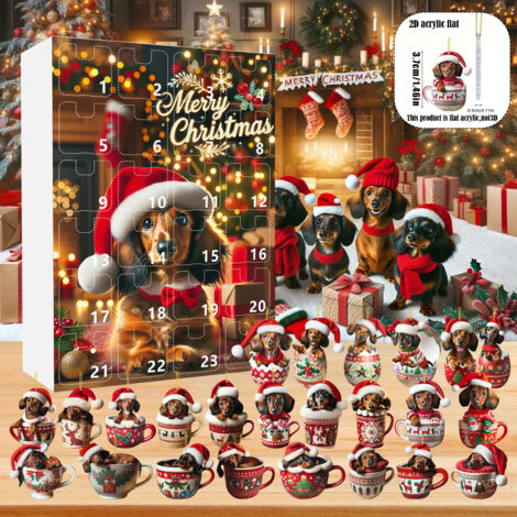Calendario de Adviento de 24 días con colgante de perro sorpresa, cuenta atrás navideña con adorable perro salchicha acrílico en una taza, estilo 1. (1/5)