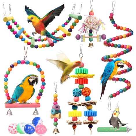 Juguetes para loros, pájaros, periquitos, juguetes y accesorios, paquete de 12, columpio, masticador, trituradora, escalera, trepador, jaula para pájaros, juguetes para periquitos pequeños, periquitos (1/5)
