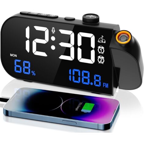 Radio despertador con proyector de techo de 180°, temperatura y humedad, reloj despertador digital con función de atenuación, carga USB, 12/24 horas para dormitorio, oficina