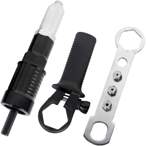 Remachadora eléctrica Binghe, adaptador de remachadora, kit adaptador de pistola remachadora, para remachar con cabeza de remache de 2,4/3,2/4,0/4,8 mm de diámetro y llave de mango negro. (1/5)