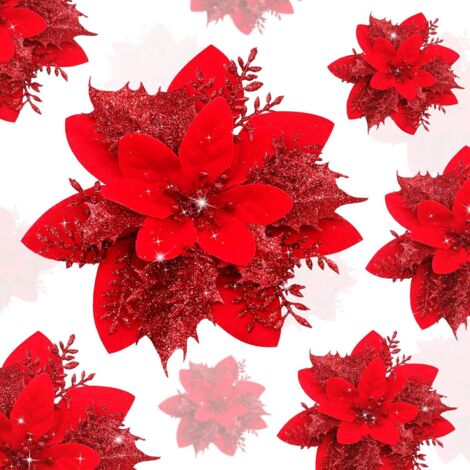 Flores navideñas de Nochebuena, 10 piezas de flores navideñas rojas con purpurina, flores navideñas artificiales con 10 clips para Navidad, bodas y fiestas de Año Nuevo (14 cm). (1/5)