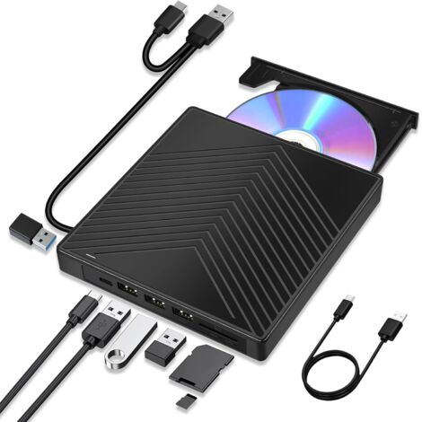 7 en 1 Lector CD DVD Externo para PC Windows 11 10, USB 3.0 y Tipo-C CD portátil DVD +/-RW ROM Lector grabadora con Ranura SD/TF, 4 Puertos USB y USB-C, Reproductor de DVD Delgado para Linux, Mac OS