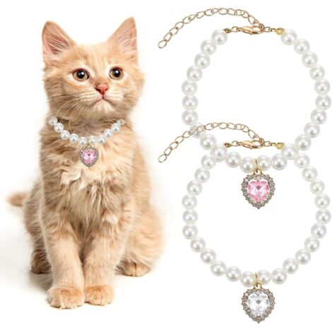 Paquete de 2 collares para perros y gatos con colgante de corazón. Bonito collar con perlas y corazones de diamantes de imitación. Joyas ajustables para bodas y fiestas (rosa y blanco). (1/5)