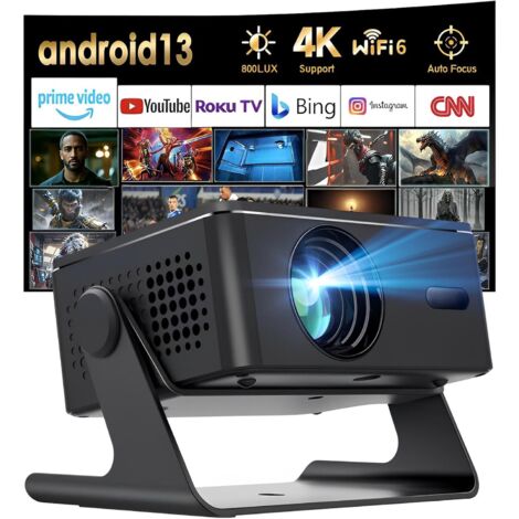 Proyector inteligente, Android, Full HD 1080p, enfoque automático/corrección trapezoidal, rotación de 180°/corrección trapezoidal automática/WiFi 6/Bluetooth 5.0, proyector de cine en casa 4K