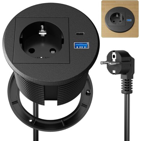 Enchufe empotrable con USB C PD20W, enchufe retráctil con USB, regleta empotrable para escritorio, cable de 2 m, color negro