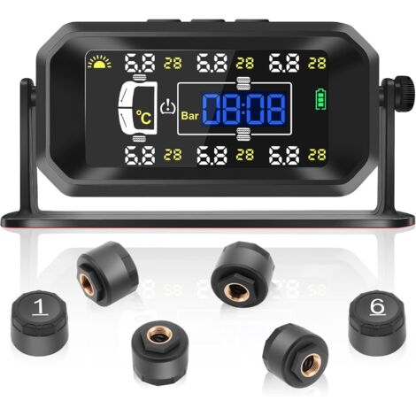 Sistema de control de presión de neumáticos, 6 sensores, 8 bar/116 psi y temperatura, compatible con camiones, autocaravanas y autobuses, carga solar/USB (1/5)