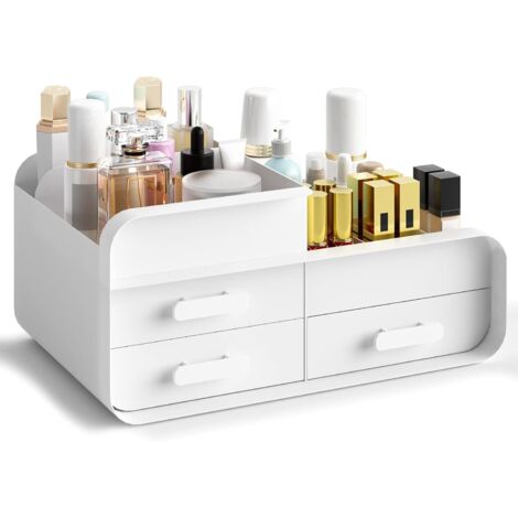 Organizador de Maquillaje con Cajones, Caja Guardar Cosmeticos, Plastico Caja Almacenamiento de Cosméticos Brochas Perfumes Joyas Accesorios para Cómoda Tocador Baño, Blanco (1/5)