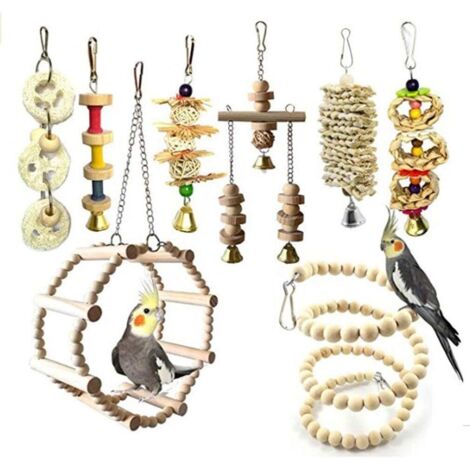 piezas de juguetes para pájaros con juguetes para masticar y columpios para posarse en jaulas de pájaros: decoración ideal para aviarios y juguetes con forma de campana para loros, periquitos y guacam (1/5)