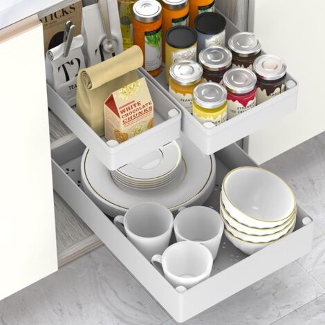 zone Pack de 3 Cajones Extraibles para Cocina, 3 Tamaños de Cajon Telescopico Adhesivo, Organizador Cocina con Película Nanoadhesiva, para Cocina, Despensa y Baño, Blanco