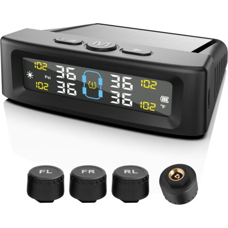 Sistema inalámbrico de monitorización de la presión de los neumáticos (TPMS) con alimentación solar, 4 sensores externos, visualización en tiempo real, temperatura y presión hasta 5 bar, carga solar y (1/5)