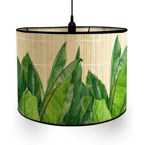Pantalla de bambú con diseño de hojas tropicales, estilo vintage, diámetro de 30 cm, para lámpara de mesa o de pie (hoja de plátano).