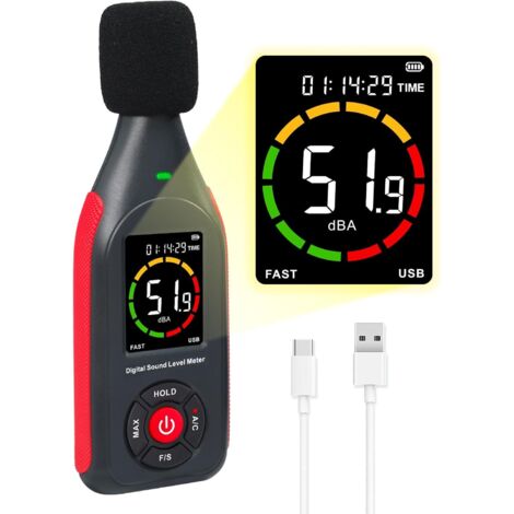 Decibelímetro Medidor de Nivel de Sonido Lector Detector de Nivel de Sonido 30dB a 130dB MAX Data Hold, Monitor de Ruido SPL dB Medidor con Alarma, Registro de Datos y Función Recargable