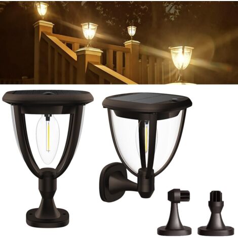Juego de 2 Luz Solar Exterior Jardin, Luces Led Solares con dos Modos de Brillo, IP65 Impermeables Aplique Solar Exterio rcon Iluminación de 360° para Patio y Garaje (Blanco Cálido 2700 K)