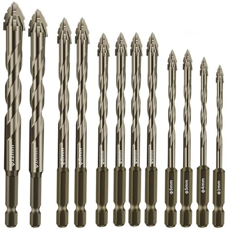Juego de 12 brocas excéntricas para dientes de sierra con 4 filos, broca dentada de cuatro filos, vástago hexagonal de 1/4", broca multifunción de alta dureza para vidrio, cerámica, madera y metal (3 (1/5)