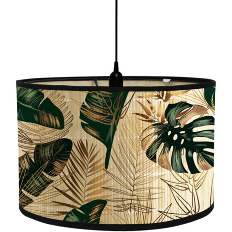 Pantalla clásica de tela tipo tambor, de repuesto con diseño de plantas tropicales, hecha a mano, para lámpara de mesa, colgante, de noche o de pie (verde dorado, 30 x 30 x 20 cm)