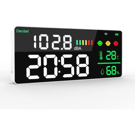 Medidor de Decibelios Medidor de de Sonido para Colgar en la Pared Rango de 30-130dB Pantalla LED Grande de 11 Pulgadas Tiempo de Ruido Temperatura(℃) Humedad para casa, escuela, hospital