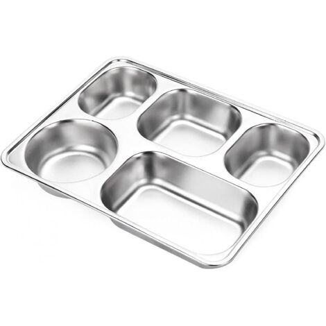 Bandeja de acero inoxidable con 5 compartimentos, rectangular, para adultos y niños, compacta y de metal, ideal para servir aperitivos y cenas. (1/5)