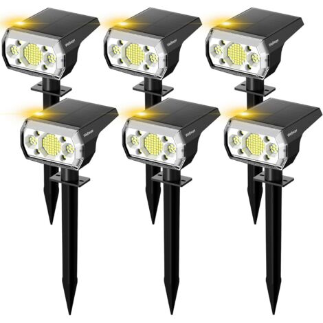 Foco solar para exteriores, 64 LED, potente foco solar impermeable IP67 con 3 modos de iluminación, luz fría de 6500 K para jardín, patio y camino (paquete de 6)