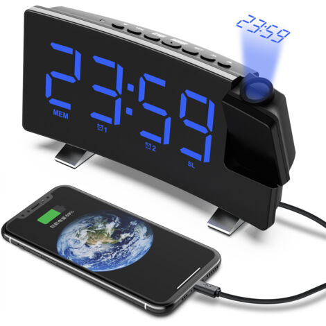 Radio despertador con proyección de techo de 180°, proyector de techo, reloj despertador con radio FM, pantalla LED grande, visualización de 12/24 horas, puerto de carga USB, relojes despertadores dua (1/5)