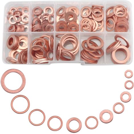 300 arandelas de cobre surtidas, M5-M20, 12 tamaños diferentes, kit de arandelas planas de metal para tornillos y pernos, juego de juntas de cobre para tapón de cárter