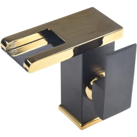 grifo mezclador tipo cascada para lavabo, grifo mezclador para lavabo de baño, grifo tipo cascada con LED, grifo para lavabo, mezclador de agua fría y caliente (negro + dorado) (1/5)