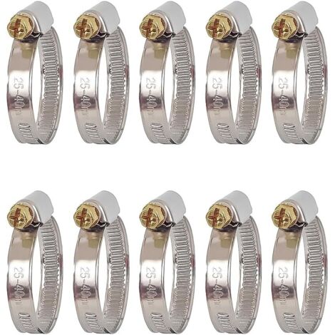 Abrazadera de manguera de acero inoxidable de 25 a 40 mm - 10 piezas - Abrazadera de manguera de metal ajustable - Abrazadera de manguera - Abrazaderas de manguera de tornillo para piscina, jardín, ga (1/3)