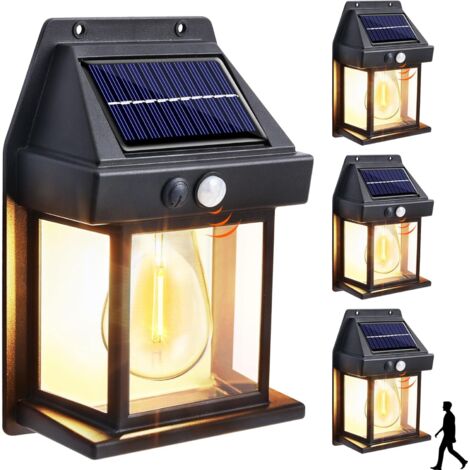 Luz Solar Exterior Jardin, 4 Packs Farolas Solares Exterior con Sensor de Movimiento, 3 Modos Aplique Solar de Tungsteno Impermeable IP65 para Garaje Jardín Patio Caminos, Blanco Cálido