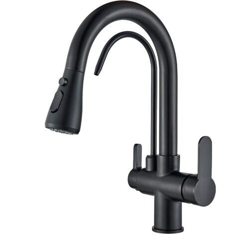 Grifo de Cocina 3 Vías Ósmosis, Grifo de Cocina para Osmosis con 2 Palancas, Grifo Osmosis Fregadero Giratorio a 360°, Ducha Extraíble, Acero Inoxidable Negro