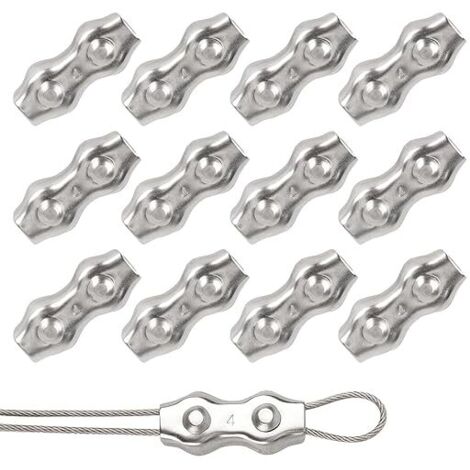 Abrazadera dúplex 12 piezas Abrazadera de cuerda Clip de cable de acero inoxidable 304 Abrazadera de cable M4 Abrazadera de cable de acero de 4 mm para tendedero Tendedero Toldo Cercas temporales fija