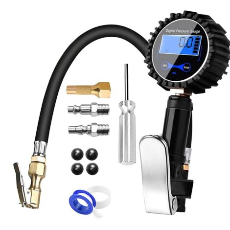 Manometro Presion Neumaticos, Manómetro Presión Digital 200 PSI Compresor Manómetro Inflador con Pantalla Digital LCD y Multi Accesorios para Coche Moto Bicicleta y Camión