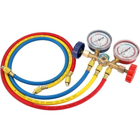 Juego de manómetros de refrigerante herramientas de aire acondicionado con manguera y gancho para lectura de presión R12, R22, R404A y R134A