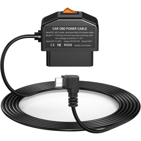 MicroUSB Kit de Cableado OBD para Cámara de Tablero con Cable de Alimentación OBD para Cámara de Tablero de 12-24V a 5V/3A conProtección bajo Voltaje,Modo Vigilancia de Estacionamiento/Acc