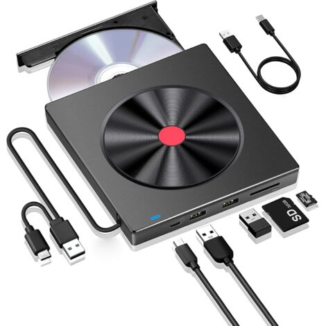 Grabadora CD/DVD Externa, Lector CD/DVD Externo USB 3.0 y Tipo-C, Reproductor de Tarjetas SD TF Disquetera Externa para PC/Laptop/Desktops/Windows 11/10/8