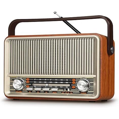 Radio retro vintage J-120 con Bluetooth, radio portátil AM FM, radio de transistores, enchufable a la pared o con batería recargable, compatible con tarjeta AUX TF, reproducción USB para el hogar y ex