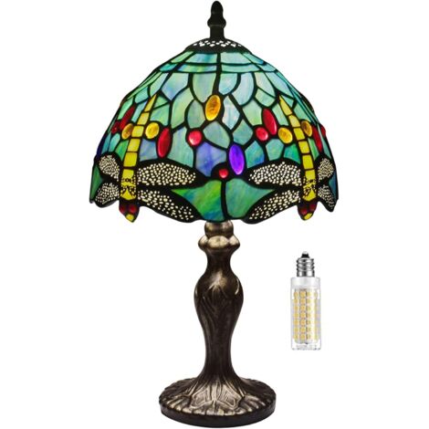lámpara tiffany, lámpara de barroca, coloreado pantalla de vidrio, lámpara de mesa retro vintage, lámpara de noche, estudio, oficina-(libélula verde)
